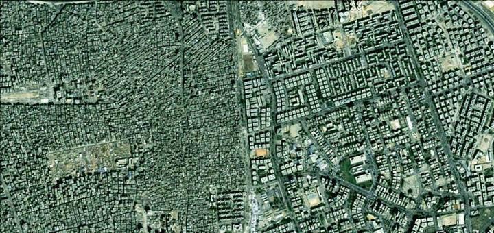 A satellite image of "how the other half lives" - The leafy Cairo suburb of Maadi on the right and the cramped housing settlements of Dar el-Salam on the right