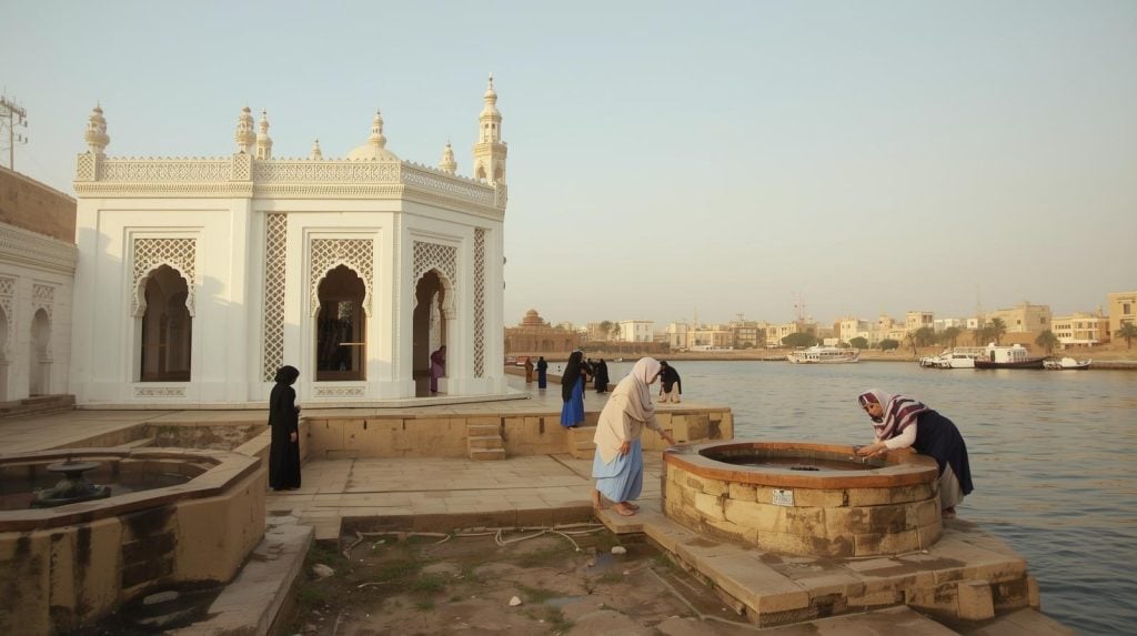 i want awater well next to a white mosque and women washing in it (keep iit conservative) also the mosque is at the banks of the nile in egypt